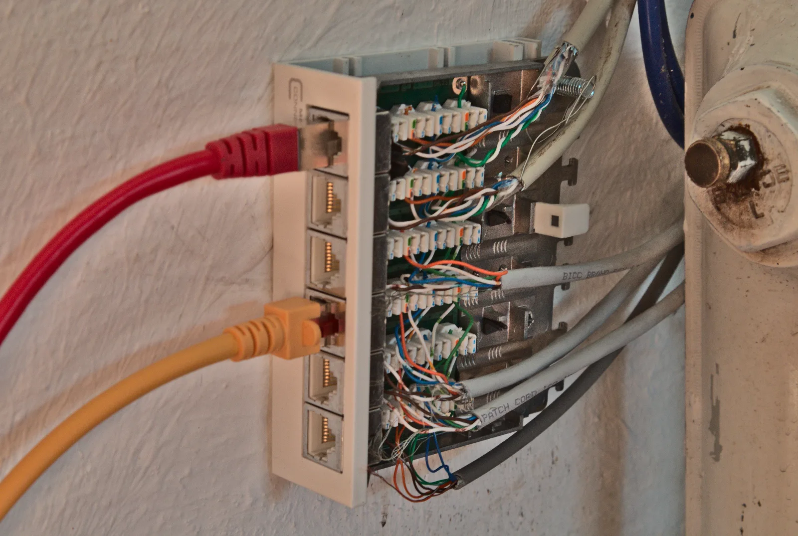 Patch panel Ethernet de 6 puertos categoria 6A montado en pared, abierto