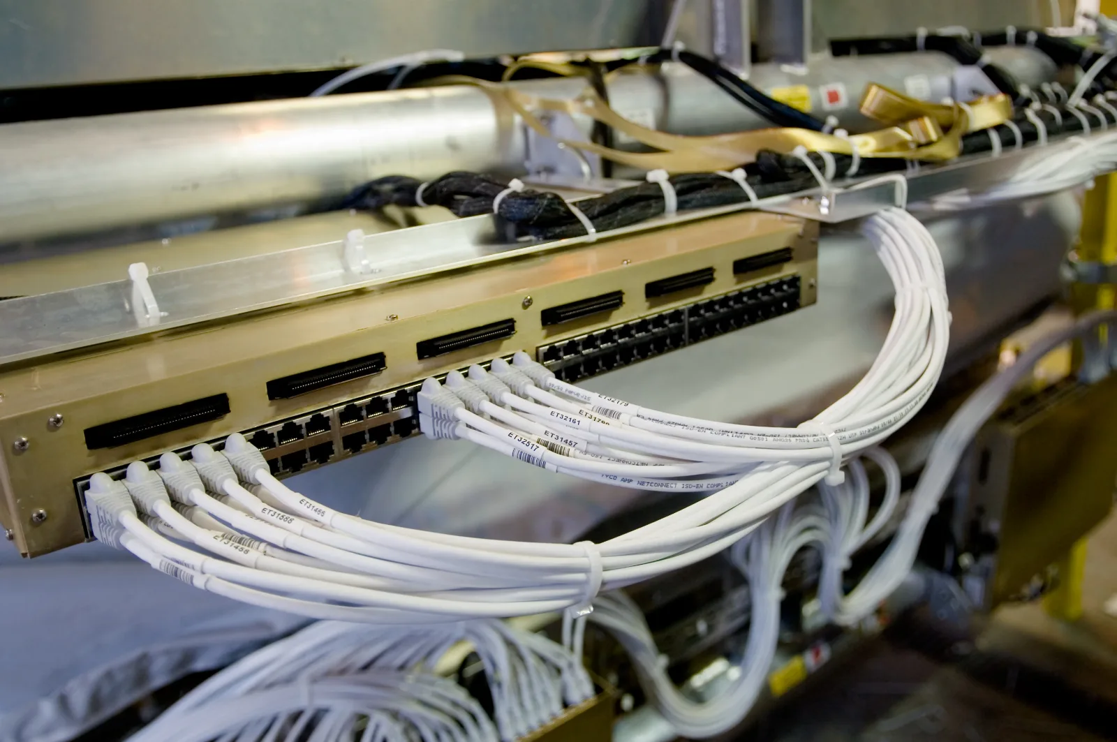 Cables de red RJ-45 conectados en un rack de comunicaciones