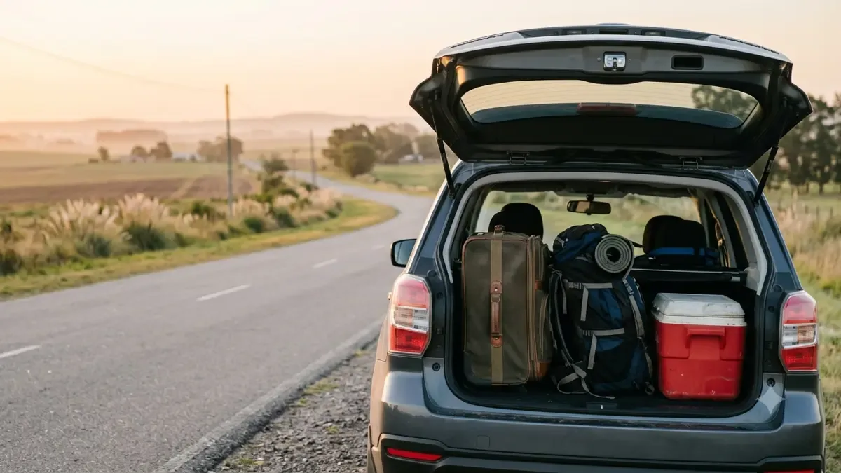Baúl de auto abierto con valija, mochila y conservadora