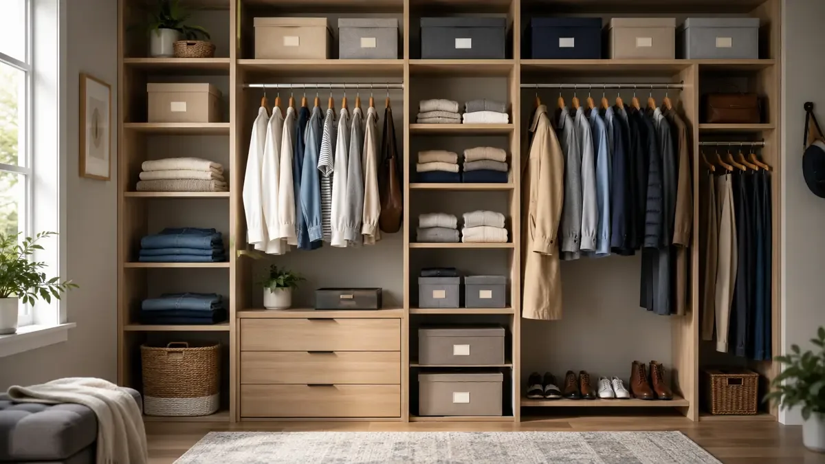 Placard organizado con cajas etiquetadas y ropa doblada