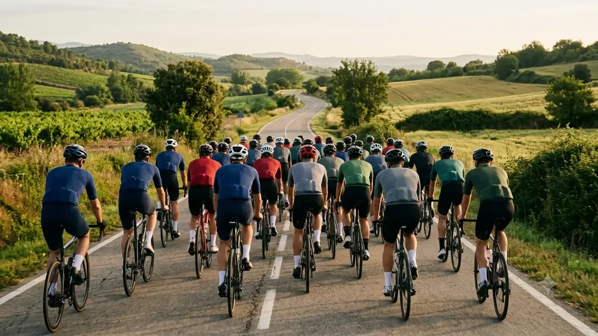 Pelotón de ciclistas visto desde atrás sobre una ruta