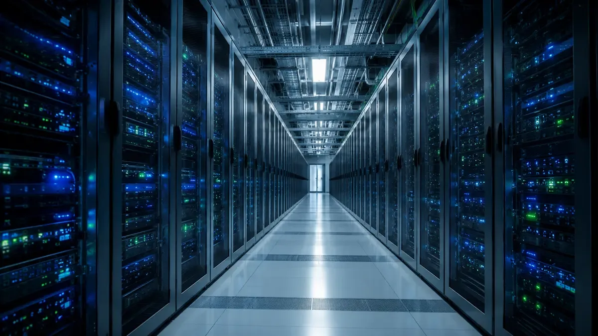 Pasillo entre racks de un centro de datos con luces azules