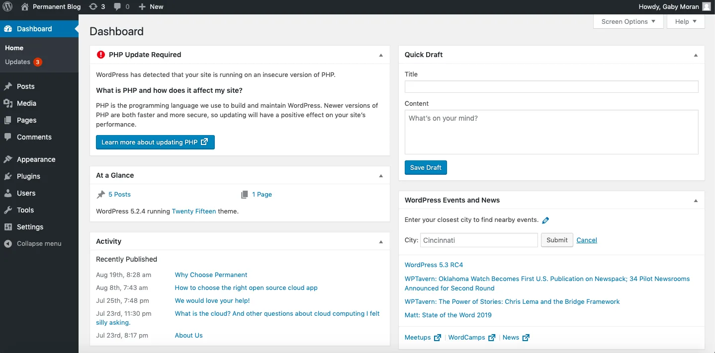 Captura de pantalla del escritorio (dashboard) de administracion de WordPress