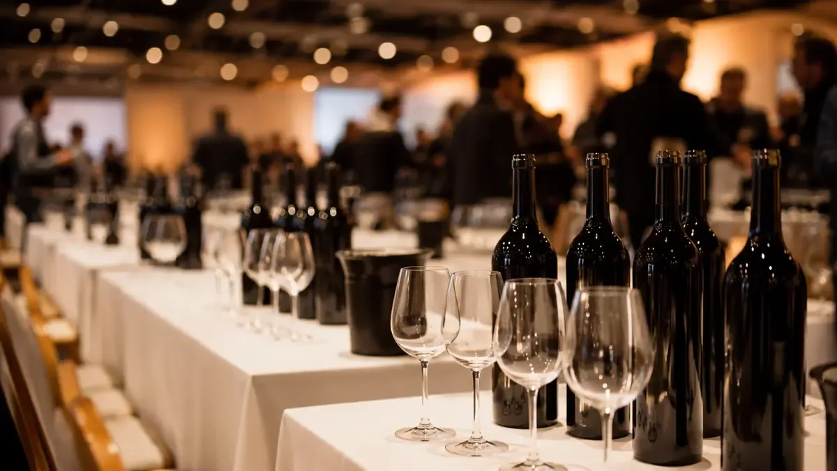 Salón de feria con mesas vestidas, botellas alineadas y copas vacías