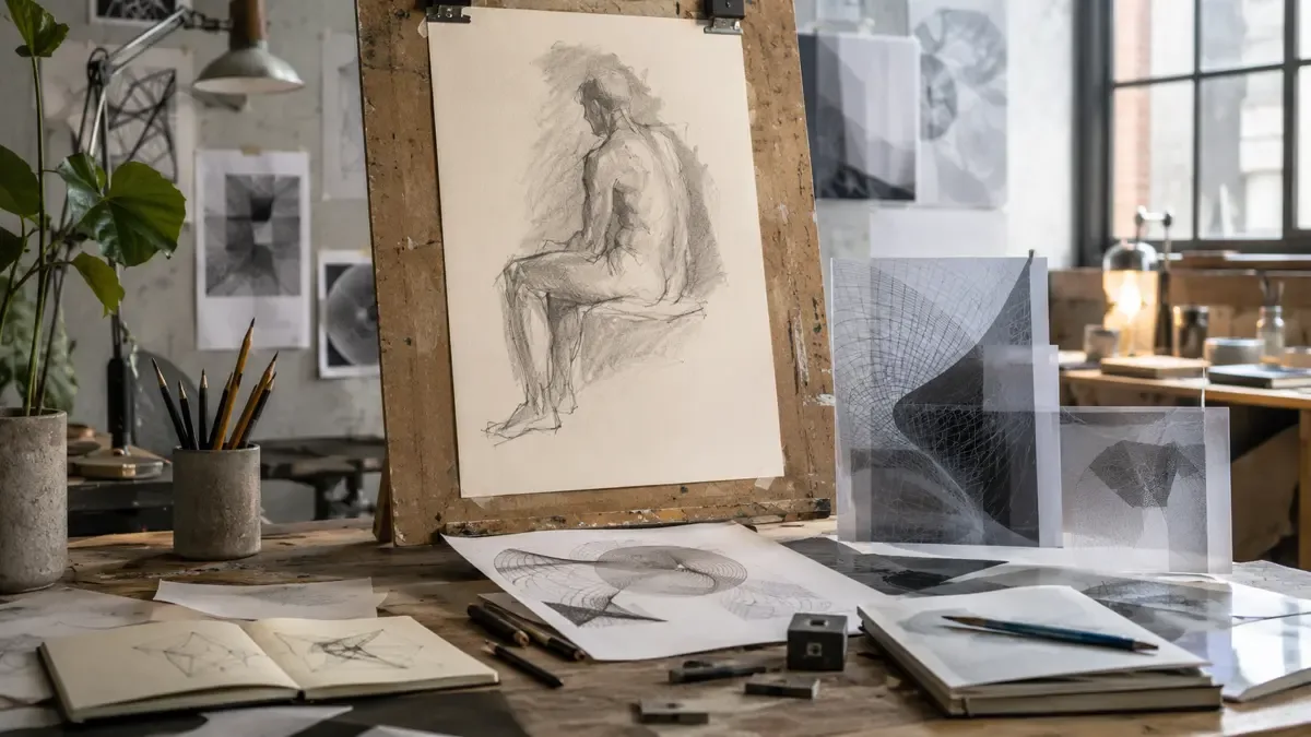 Boceto humano y formas generativas sobre una mesa de arte