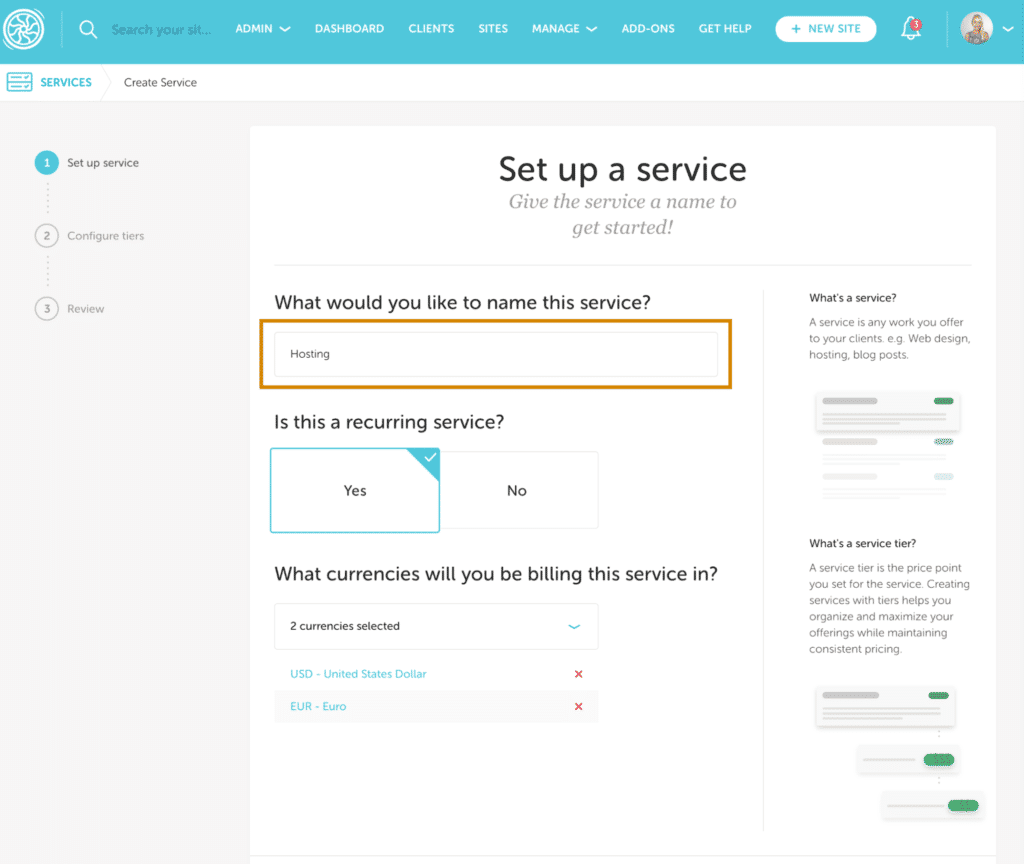 Captura de pantalla de la pestaña Creación de servicios de Flywheel Growth Suite que muestra una agencia configurando un servicio titulado "Alojamiento"