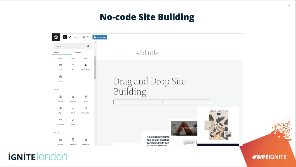 Diapositiva de Ignite talk que muestra las capacidades de creación de sitios de arrastrar y soltar en WordPress