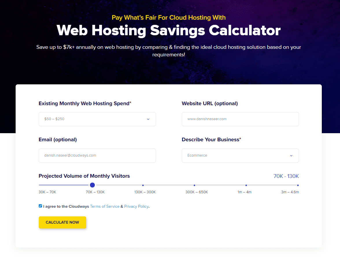 Formulario de calculadora de ahorro de alojamiento web