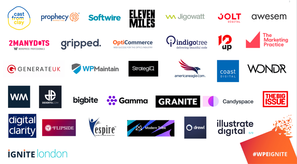 Logotipos de muchas de las empresas que tuvieron personas presentes en Ignite London 2022