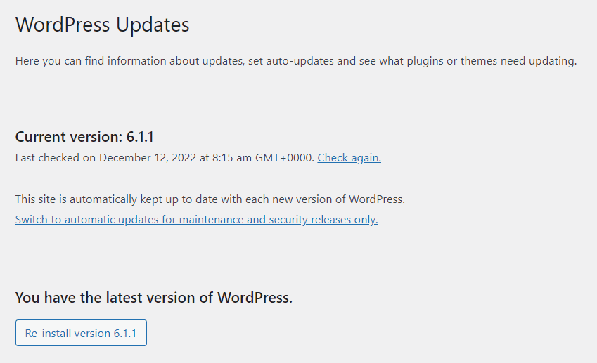 Actualizaciones del núcleo de WordPress
