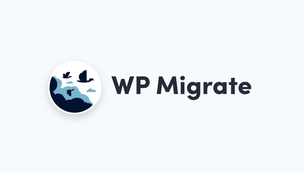 El logotipo de WP Migrate sobre un fondo blanco. El ícono a la izquierda de la marca denominativa es circular, dentro de tres pájaros vuelan entre las nubes mientras migran. A la derecha, la marca denominativa dice WP Migrate en tipografía sans-serif