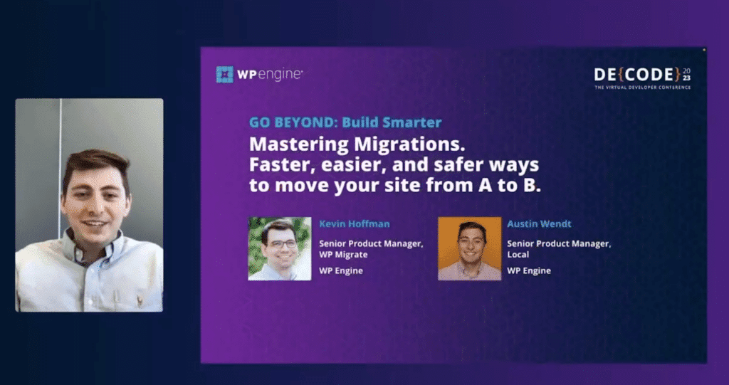 captura de pantalla de la diapositiva del título de la sesión DE{CODE} para la sesión Dominar las migraciones. Austin Wendt, hablando, está enmarcado a la izquierda de las diapositivas.