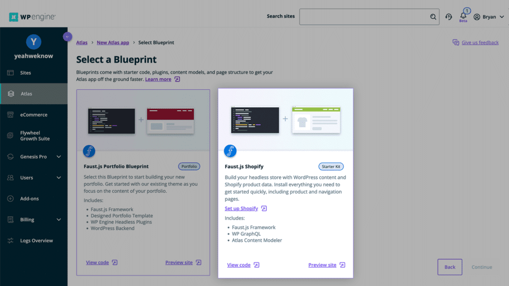 Shopify Blueprint de WP Engine en el Portal Atlas
