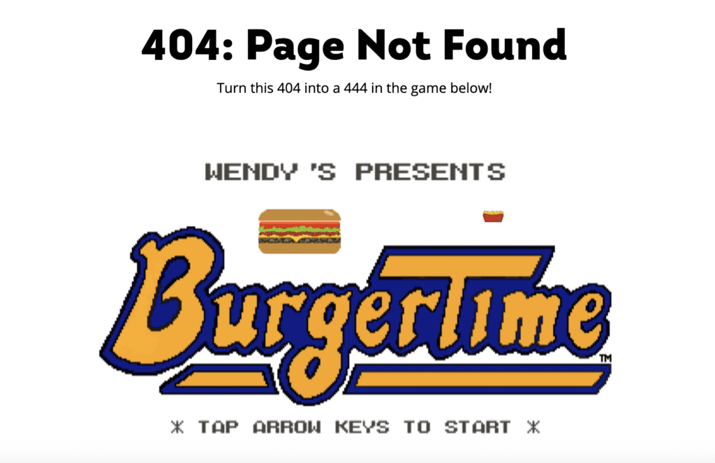 Captura de pantalla de la página 404 de Wendy's