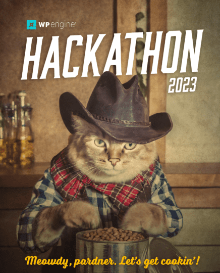 La imagen muestra a un gato vaquero comiendo frijoles de una lata. El texto de la imagen dice: Hackathon 2023, Meowdy, socio. ¡Vamos a cocinar!