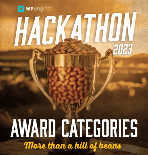 Imagen del Hackathon 2023 con un trofeo lleno de frijoles. el texto dice: Hackathon 2023, Categorías de premios, Más que una colina de frijoles